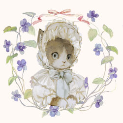 Rule 34 | 1girl, animal, animal focus, blue flower, bonnet, bow, cat, closed mouth, clothed animal, commentary, commentary request, dress, ears through headwear, english commentary, flower, frilled dress, frills, green bow, green eyes, green ribbon, hat, hat bow, highres, layered dress, neck ribbon, no humans, original, pink bow, pink ribbon, portrait, ribbon, slit pupils, solo, surrounded, surrounded by flowers, tono (rt0no), white hat