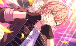 Rule 34 | 1boy, black gloves, black jacket, blush, commentary request, confetti, dated, dutch angle, fingerless gloves, gloves, green eyes, happy birthday, heart, heart hands, highres, jacket, looking at viewer, male focus, monitor, on air!, pink hair, sakurai momose, sekina, shirt, short hair, short ponytail, sleeves rolled up, solo, upper body, white shirt