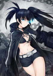Rule 34 | 1girl, apoidea, bikini, black hair, black rock shooter, black rock shooter (character), blue eyes, chain, coat, flaming eye, glowing, glowing eye, highres, long hair, midriff, pale skin, scar, shorts, solo, swimsuit, twintails, uneven twintails
