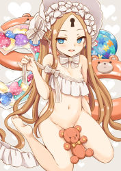 Rule 34 | 1girl, abigail williams (fate), abigail williams (swimsuit foreigner) (fate), abigail williams (swimsuit foreigner) (third ascension) (fate), bikini, blonde hair, blue eyes, blush, bottomless, bow, breasts, fate/grand order, fate (series), hirasaka makoto, innertube, keyhole, long hair, looking at viewer, nipple slip, nipples, open mouth, parted bangs, small breasts, soles, solo, stuffed animal, stuffed toy, swim ring, swimsuit, teddy bear, textless version, toes, very long hair, white bikini, white bow