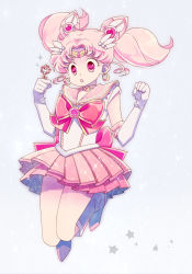 Rule 34 | 1girl, :o, bad id, bad pixiv id, bishoujo senshi sailor moon, bishoujo senshi sailor moon s, boots, bow, brooch, chibi usa, choker, cone hair bun, double bun, elbow gloves, full body, gloves, hair bun, hair ornament, hairpin, jewelry, jumping, knee boots, magical girl, pink hair, pink skirt, pleated skirt, red eyes, ribbon, sailor chibi moon, sailor collar, sailor moon musical, saki (hxaxcxk), short hair, simple background, skirt, solo, tiara, twintails, white background, white gloves