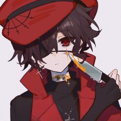 Rule 34 | 2boys, aibyou sekai, black gloves, black shirt, blood, bloody knife, brown hair, closed mouth, eiyuu gijin, eyepatch, fingerless gloves, gelato1014, glint, gloves, hat, holding, holding knife, knife, looking at viewer, male focus, multiple boys, open clothes, open vest, orange blood, portrait, red eyes, red hat, red vest, shirt, short hair, simple background, solo, vest, white background, yuishiro egou