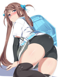 Rule 34 | 1girl, all fours, arm warmers, asagumo (kancolle), ass, backpack, bag, bike shorts, black thighhighs, blue bow, blue eyes, blush, bow, brown hair, clothes lift, commentary request, from behind, grey skirt, hair bow, hair rings, highres, kantai collection, long hair, looking at viewer, miniskirt, mtu (orewamuzituda), nose blush, randoseru, shirt, short sleeves, shorts, shorts under skirt, simple background, skirt, skirt lift, solo, sweat, thighhighs, thighs, upskirt, white background, white shirt