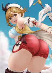 Rule 34 | ass, atelier (series), atelier ryza, atelier ryza 1, blue sky, breasts, bridal legwear, cloud, cowboy shot, from behind, hair ornament, hairclip, highres, jacket, large breasts, nao suke, red shorts, reisalin stout, short shorts, shorts, sky, sleeveless, sleeveless jacket, white headwear, yellow jacket