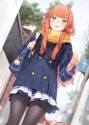 Rule 34 | 1girl, animal ears, aqua eyes, bag, bag charm, black pantyhose, blue bag, blue coat, blunt bangs, cat, charm (object), cloud, cloudy sky, coat, duplicate, dutch angle, ear covers, emyo, enpera, fence, hand up, highres, holding, holding bag, horse ears, horse girl, horse tail, long hair, long sleeves, looking up, open mouth, orange hair, outdoors, outstretched hand, pantyhose, pixel-perfect duplicate, pleated skirt, purple skirt, road sign, scarf, school bag, school uniform, shoulder bag, sign, silence suzuka (umamusume), skirt, sky, smile, snowing, solo, special week (umamusume), tail, teeth, tree, umamusume, upper teeth only, winter clothes, winter uniform, yellow scarf