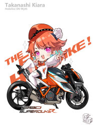 Rule 34 | 1girl, absurdres, beret, blush, character name, chef hat, chibi, commentary, copyright name, earrings, english text, feather earrings, feathers, finger to mouth, gradient hair, hat, highres, hololive, hololive english, jacket, jewelry, ktm 1290 superduke, ktm ag, long hair, looking at viewer, motor vehicle, motorcycle, multicolored hair, multiple hats, on motorcycle, open mouth, orange hair, pink eyes, reclining, sitting, sitting backwards, sparkle, takanashi kiara, takanashi kiara (1st costume), thighhighs, v, virtual youtuber, white background, white jacket, white thighhighs, yoyoko707