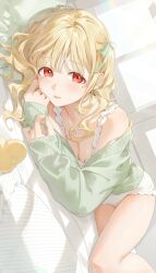 Rule 34 | 1girl, absurdres, blonde hair, blush, bow, breasts, cardigan, cleavage, collarbone, crossed bangs, curly hair, green bow, green cardigan, hair bow, highres, kinako (shiratama mochi), kogara toto, lips, long hair, looking at viewer, lupinus virtual games, lying, medium breasts, off shoulder, on bed, on side, one-piece swimsuit, red eyes, rubber duck, sleeves past wrists, solo, swimsuit, virtual youtuber, vspo!, white swimsuit, window