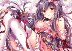 Rule 34 | 1girl, :o, amelie-san (nogi takayoshi), animal, arm support, bare shoulders, bell, black cat, black hair, black hat, blush, bow, bowtie, breast suppress, breasts, cat, cleavage, colored eyelashes, crown, floral print, frilled kimono, frills, glint, hair bow, hair flaps, hand on own chest, hat, index finger raised, japanese clothes, jingle bell, jitome, kimono, knees together feet apart, large breasts, leaning back, long hair, nogi takayoshi, off shoulder, open clothes, open kimono, open mouth, original, petals, pink bow, pink bowtie, red eyes, ribbon, sash, sitting, solo, tareme, thighhighs, very long hair, whiskers, white thighhighs, yellow ribbon, zettai ryouiki