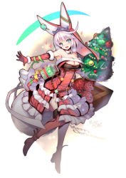 Rule 34 | 1girl, alternate costume, animal ears, armpits, bare shoulders, blue eyes, boots, bouquet, breasts, rabbit ears, christmas, christmas ornaments, christmas tree, cleavage, clover, detached collar, dress, elbow gloves, elphelt valentine, flower, four-leaf clover, frills, full body, fur-trimmed gloves, fur trim, garter belt, gift, gloves, guilty gear, guilty gear xrd, habit, hair ornament, hat, large breasts, merry christmas, migumigu, open mouth, pink hair, red dress, red gloves, rose, sack, short hair, silver hair, smile, solo, thigh boots, thighhighs, thighs, tree