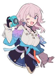 Rule 34 | 1girl, ;d, black gloves, blue eyes, blue jacket, blue skirt, blush, buttons, camera, closed mouth, cropped torso, do m kaeru, gloves, gradient jacket, hair between eyes, holding, holding camera, honkai: star rail, honkai (series), jacket, long hair, long sleeves, looking at viewer, march 7th (honkai: star rail), miniskirt, one eye closed, open clothes, open jacket, open mouth, partially fingerless gloves, pink hair, purple jacket, shirt, simple background, single glove, skirt, smile, solo, tied jacket, white background, white shirt