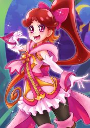 Rule 34 | 1girl, :d, black pantyhose, bow, brooch, brown hair, chocokin, cowboy shot, elbow gloves, gloves, go! princess precure, hair bow, highres, jewelry, long hair, open mouth, pantyhose, pink bow, pink eyes, ponytail, precure, refi (go! princess precure), skirt, smile, solo, thighhighs, white gloves, wrist cuffs
