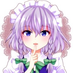 Rule 34 | 1girl, bad id, bad pixiv id, blue eyes, blush, bow, braid, chako (chakoxxx), eyebrows, finger to mouth, green bow, hair bow, highres, index finger raised, izayoi sakuya, looking at viewer, maid headdress, parted lips, silver hair, smile, solo, touhou, twin braids, upper body