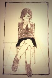 Rule 34 | 1girl, boots, cellphone, chair, crossed legs, full body, greyscale, holding, holding phone, kotoyama, looking at viewer, monochrome, original, phone, short hair, sitting, skirt, solo