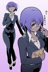Rule 34 | 1girl, blush, breasts, business suit, collarbone, collared shirt, dark-skinned female, dark skin, dress shirt, fate/grand order, fate/prototype, fate/prototype: fragments of blue and silver, fate (series), formal, glasses, gradient background, hassan of serenity (fate), highres, hip focus, jpeg artifacts, looking at viewer, misao (kami no misoshiru), multiple views, navel, open mouth, pant suit, pants, purple background, purple eyes, purple hair, shirt, short hair, smile, suit, thigh gap, translation request