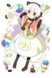 Rule 34 | 10s, 1girl, apron, bubble, cable, cake, candy, capelet, cheese, chocolate cake, cookie, doughnut, fingerless gloves, food, gloves, hat, heart, icing, kaden shoujo, long hair, macaron, magical girl, mahou shoujo madoka magica, mahou shoujo madoka magica: hangyaku no monogatari, mixer, momoe nagisa, multicolored eyes, official art, pastry, polka dot, polka dot legwear, pom pom (clothes), ringed eyes, simple background, smile, solo, suspenders, twintails, two side up, white hair, wrapped candy