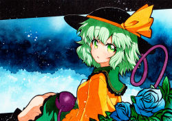 Rule 34 | 1girl, black border, black footwear, black hat, blouse, blue background, blue flower, blue rose, boots, border, bow, flower, green eyes, green hair, green skirt, hair between eyes, hat, komeiji koishi, leaf, long sleeves, looking at viewer, open mouth, qqqrinkappp, rose, shirt, short hair, sitting, skirt, solo, touhou, traditional media, yellow bow, yellow shirt, yellow sleeves