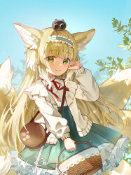 Rule 34 | 1girl, animal ears, aqua hairband, aqua skirt, arknights, basket, blonde hair, blue sky, cardigan, closed mouth, commentary, creature, creature on head, cross-laced clothes, cross-laced skirt, day, fox ears, fox girl, fox tail, frilled skirt, frills, green eyes, hairband, hand up, heixiu, high-waist skirt, highres, holding, holding basket, kitsune, kyuubi, long sleeves, looking at viewer, luo xiaohei zhanji, multiple tails, neck ribbon, official alternate costume, on head, outdoors, pleated skirt, puffy long sleeves, puffy sleeves, red ribbon, ribbon, shan (ti0n), shirt, skirt, sky, smile, solo, suzuran (arknights), suzuran (spring praise) (arknights), tail, white cardigan, white shirt
