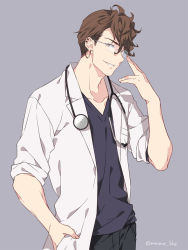 Rule 34 | 1boy, alternate costume, black pants, brown eyes, brown hair, doctor, earrings, glasses, granblue fantasy, grey background, grin, jewelry, lab coat, lobelia (granblue fantasy), looking at viewer, male focus, mame lde, open clothes, pants, shirt, short hair, simple background, single earring, smile, solo, stethoscope, teeth