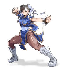 Rule 34 | 1girl, black eyes, black hair, boots, bracelet, bun cover, capcom, chun-li, cross-laced footwear, double bun, earrings, fighting stance, highres, jewelry, lace-up boots, legs apart, pantyhose, pelvic curtain, puffy sleeves, sash, solo, spiked bracelet, spikes, street fighter, tareme, white background, yasuda akira