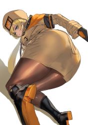 Rule 34 | 1girl, ashiomi masato, bent over, black gloves, blonde hair, blue eyes, boots, brown coat, brown pantyhose, coat, commentary request, fur hat, gloves, guilty gear, guilty gear strive, hat, looking back, millia rage, orange scarf, pantyhose, scarf, solo, thighs, ushanka