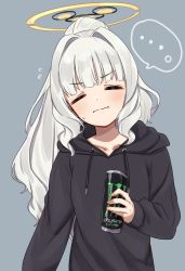 Rule 34 | 1girl, blue archive, blush, can, closed eyes, closed mouth, energy drink, grey background, hair between eyes, halo, hare (blue archive), highres, holding, hood, hood down, hoodie, long hair, long sleeves, monster energy, pocchari, ponytail, silver hair, simple background, solo