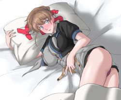 Rule 34 | 1girl, black shirt, blue eyes, blush, breast pocket, breasts, brown hair, commentary request, cowboy shot, dress, grey dress, grey neckwear, highres, intrepid (kancolle), kantai collection, large breasts, looking at viewer, lying, on side, panties, pink panties, pocket, ponytail, shirt, short hair, solo, sozan, underwear, yes, yes-no pillow
