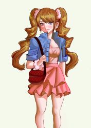 Rule 34 | 1girl, artist request, bag, bare legs, blue eyes, blush, breasts, brown hair, casual, charlotte pudding, cleavage, dress, earrings, highres, holding, holding bag, jewelry, lips, long hair, looking at viewer, medium breasts, one piece, simple background, skirt, smile, solo, twintails, upper body