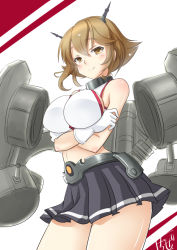Rule 34 | 10s, 1girl, black skirt, blush, breasts, brown eyes, brown hair, chize, crossed arms, female focus, gloves, headgear, kantai collection, large breasts, miniskirt, mutsu (kancolle), short hair, skirt, smile, solo, white gloves