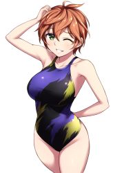 Rule 34 | 1girl, arm behind back, black one-piece swimsuit, brown hair, commentary request, competition swimsuit, cowboy shot, green eyes, grin, idolmaster, idolmaster cinderella girls, looking at viewer, one-piece swimsuit, pataneet, short hair, simple background, smile, solo, standing, swimsuit, white background, yoshioka saki