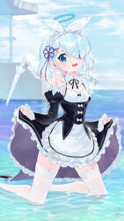Rule 34 | 1girl, apron, arona (blue archive), black hair, blue archive, blue eyes, bow, braid, breasts, cleavage, cz (mikumikumi), detached sleeves, hair bow, looking at viewer, rem (re:zero) (cosplay), roswaal mansion maid uniform, small breasts, solo