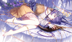 Rule 34 | 1girl, bare legs, barefoot, bed, biwa lute, commentary request, dress, feet, fingernails, floral print, flower, full body, gem, hair flower, hair ornament, half-closed eyes, instrument, kieta, long hair, long sleeves, looking at viewer, lotus, lute (instrument), lying, on bed, on side, pearl (gemstone), petals, purple eyes, purple flower, purple hair, sash, short dress, solo, star (symbol), toenails, toes, touhou, tsukumo benben, white flower, yellow dress, yellow flower