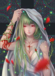 Rule 34 | 1girl, blood, blood on arm, breasts, cleavage, emalfire, expressionless, flower, green hair, long hair, original, petals, plant, red eyes, rose, rose petals, solo, stained glass, thorns, veil, vines