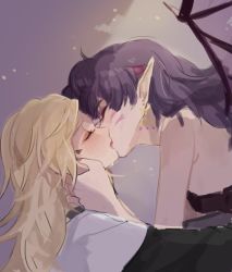 Rule 34 | 2girls, bare shoulders, blush, commentary request, d.va (overwatch), demon, demon girl, demon wings, earrings, closed eyes, facing another, giji-p, hand on another&#039;s face, jewelry, kiss, korean commentary, long hair, mercy (overwatch), multiple girls, nun, overwatch, overwatch 1, pointy ears, profile, purple background, saliva, upper body, wings, yuri