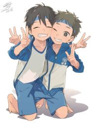 Rule 34 | 2boys, 50off, barefoot, black hair, blue shorts, blush, brown hair, character request, cheek press, child, collarbone, copyright request, dated, double v, closed eyes, grin, gym shirt, gym shorts, gym uniform, hachimaki, headband, jacket, kneeling, logo, looking at viewer, male focus, multicolored clothes, multicolored jacket, multiple boys, one eye closed, open clothes, open jacket, print clothes, print shirt, shirt, short sleeves, shorts, signature, simple background, smile, source request, teeth, track jacket, unzipped, v, white shirt, wink, zipper, zipper pull tab