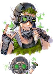 Rule 34 | 1boy, \n/, apex legends, black gloves, black headwear, black shirt, chibi, chibi inset, chinese commentary, collarbone, fang, fingerless gloves, gloves, goggles, green hair, green vest, highres, holding, hongpixishi, looking at viewer, male focus, multiple views, octane (apex legends), portrait, shirt, smile, sparkle, traditional media, vest, white background
