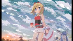 Rule 34 | 1girl, absurdres, ao hito, blonde hair, blue eyes, blush, bracelet, cloud, commentary request, creatures (company), flute, from below, game freak, gen 4 pokemon, glaceon, hair between eyes, highres, holding, holding poke ball, instrument, irida (pokemon), jewelry, medium hair, mountain, neck ring, nintendo, outdoors, poke ball, pokemon, pokemon (creature), pokemon legends: arceus, red shirt, sash, shirt, shorts, sky, strapless, strapless shirt, sun, waist cape, white shorts