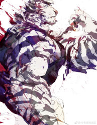 Rule 34 | 1boy, 49hao fei liao cheng qu, absurdres, animal ears, arknights, bara, black tank top, blood, blood on hands, cropped torso, facial hair, from side, furry, furry male, goatee, highres, large pectorals, looking ahead, male focus, mountain (arknights), muscular, muscular male, pectorals, profile, scar, scar across eye, scar on arm, serious, short hair, sidepec, solo, tank top, thick eyebrows, tiger boy, tiger ears, white hair