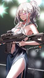 Rule 34 | 1girl, ak-12, ak-12 (girls&#039; frontline), ak-12 (quiet azure) (girls&#039; frontline), armpits, assault rifle, backless dress, backless outfit, bad id, bad twitter id, bare shoulders, blue dress, braid, breasts, cleavage, clothing cutout, commission, dress, earrings, french braid, girls&#039; frontline, gun, hair up, halterneck, high ponytail, holding, holding weapon, jewelry, kalashnikov rifle, large breasts, looking at viewer, navel, navel cutout, official alternate costume, open mouth, pale skin, pink eyes, ponytail, rifle, side slit, sidelocks, silence girl, silver hair, standing, updo, weapon