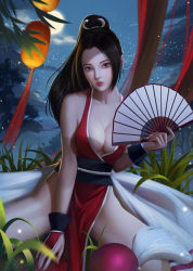 Rule 34 | 1girl, breasts, brown eyes, brown hair, cleavage, eyelashes, folding fan, forehead, hair ribbon, hand fan, high ponytail, highres, large breasts, lips, long hair, looking at viewer, night, ninja, no bra, nose, obi, outdoors, pelvic curtain, qianyu mo, realistic, revealing clothes, ribbon, sash, shiranui mai, solo, spread legs, the king of fighters, thighs