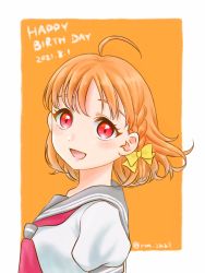Rule 34 | 1girl, artist name, artist request, blush, bow, braid, breasts, close-up, collarbone, detached sleeves, female focus, floating hair, grey sailor collar, hair bow, hair ornament, hairclip, highres, long sleeves, looking at viewer, love live!, love live! sunshine!!, orange background, orange hair, parted lips, red eyes, red neckwear, ribbon, sailor collar, school uniform, shirt, short hair, short sleeves, side braid, sideboob, single braid, small breasts, smile, solo, takami chika, tie clip, upper body, uranohoshi school uniform, wavy hair, white shirt, yellow bow
