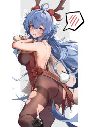 Rule 34 | 1girl, @ @, absurdres, ahoge, antlers, ass, backless outfit, bag, bare shoulders, black pantyhose, blue hair, breasts, christmas, deer antlers, fake antlers, fake tail, from side, ganyu (genshin impact), genshin impact, hair ornament, high heels, highres, holding, holding bag, horns, k/o (user thvt7788), long hair, looking at viewer, medium breasts, open mouth, pantyhose, purple eyes, santa costume, sidelocks, solo, spoken blush, tail, tearing up, thighband pantyhose, thighs, torn clothes, torn pantyhose, wavy mouth