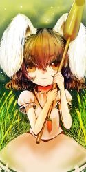 Rule 34 | 1girl, :3, animal ears, brown eyes, brown hair, carrot necklace, closed mouth, commentary request, cowboy shot, floppy ears, frilled sleeves, frills, grass, hair between eyes, hammer, highres, holding, holding hammer, inaba tewi, jewelry, jonasan (bad-t), kine, looking at viewer, mallet, medium hair, necklace, pink shirt, pink skirt, puffy short sleeves, puffy sleeves, rabbit ears, rabbit girl, shirt, short sleeves, skirt, smile, solo, touhou