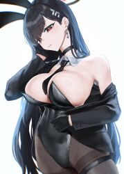 Rule 34 | 1girl, absurdres, animal ears, black gloves, black hair, black leotard, black pantyhose, blue archive, blush, breasts, cowboy shot, detached collar, earrings, fake animal ears, gloves, hair ornament, hairpin, halo, highres, jewelry, kazane-wind, large breasts, leotard, long hair, looking at viewer, open mouth, pantyhose, rabbit ears, red eyes, rio (blue archive), simple background, solo, strapless, strapless leotard, white background