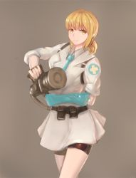 Rule 34 | 1girl, artoria pendragon (all), artoria pendragon (fate), blonde hair, blu medic (tf2), blue gloves, blue necktie, cosplay, doren, elbow gloves, fate (series), gloves, highres, looking at viewer, medic (tf2), necktie, saber (fate), short hair, short sleeves, solo, team fortress 2, the medic (cosplay), yellow eyes