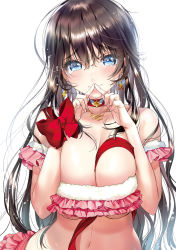 Rule 34 | 1girl, bare shoulders, black hair, blue eyes, blush, bow, breasts, choker, cleavage, earrings, jewelry, kanojo (ogino atsuki), large breasts, long hair, looking at viewer, midriff, navel, necklace, original, ribbon, simple background, skirt, smile, solo, tears, white background, yanyo (ogino atsuki)