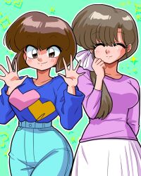 Rule 34 | 2girls, aqua pants, arm behind back, artist name, blue sweater, blunt bangs, blunt ends, blush, bob cut, breasts, brown eyes, brown hair, closed eyes, closed mouth, collarbone, commentary, cowboy shot, curled fingers, green background, hair between eyes, hair over shoulder, hair ribbon, hand to head, hands up, heart, high-waist pants, highres, long hair, long skirt, medium breasts, multiple girls, outline, pants, pixel art, ponytail, purple skirt, raised eyebrow, ranma 1/2, ribbon, shirt tucked in, short hair, siblings, side-by-side, signature, sisters, skirt, smile, sparkle, spread fingers, standing, sweater, tendou kasumi, tendou nabiki, wanta (futoshi), waving, white outline, white ribbon, white skirt