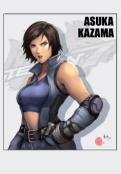 Rule 34 | 1girl, breasts, brown eyes, brown hair, character name, clenched hand, colorized, elbow gloves, elbow pads, eyebrows, fingerless gloves, gloves, hand on own hip, highres, jumpsuit, kazama asuka, lips, navel, nose, parted lips, revision, richard suwono, short hair, sleeveless, solo, sports bra, tekken, tomboy, toned, tsurime, unzipped, upper body