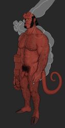 Rule 34 | 1boy, arm hair, back hair, bald spot, bara, blank eyes, broken horn, cigarette, colored skin, completely nude, demon boy, excessive pubic hair, flaccid, foot hair, foreskin, full body, hairy, hand hair, hellboy, hellboy (comic), highres, holding, holding cigarette, horns, large pectorals, male focus, male pubic hair, mature male, monster boy, muscular, muscular male, mutton chops, nipple hair, nipples, nude, pectorals, pubic hair, red skin, smagma, smoke trail, smoking, solo, standing, strongman waist, thick arm hair, thick chest hair, thick leg hair, thick navel hair, thick thighs, thighs, uncensored, very hairy