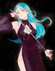 Rule 34 | 1girl, bead necklace, beads, black background, black dress, blue hair, breasts, brown background, brown eyes, cleavage cutout, clothing cutout, commentary, cowboy shot, detached sleeves, dress, english commentary, floating hair, hand up, holding, holding sword, holding weapon, jewelry, long hair, looking at viewer, necklace, original, parted lips, renemesia, see-through, see-through sleeves, side slit, signature, skin tight, small breasts, solo, sparkle, sword, weapon
