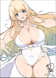 Rule 34 | 1girl, absurdres, atago (kancolle), blonde hair, breasts, casual one-piece swimsuit, choker, cleavage, cosplay, cowboy shot, criss-cross halter, dated, frilled one-piece swimsuit, frilled swimsuit, frills, halterneck, highleg, highleg swimsuit, highres, huge breasts, kantai collection, long hair, one-piece swimsuit, oniken, reaching, reaching towards viewer, sagiri (kancolle), sagiri (kancolle) (cosplay), side-tie swimsuit, signature, solo, swimsuit, thighs, white choker, white one-piece swimsuit